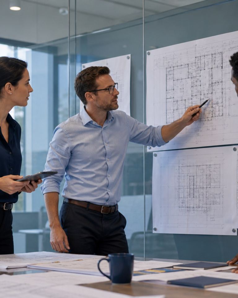 Representative construction coordination meeting reviewing commercial plans.