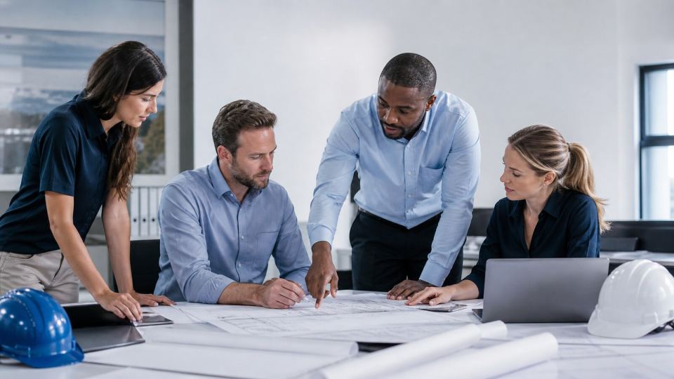 Representative commercial project team reviewing plans.