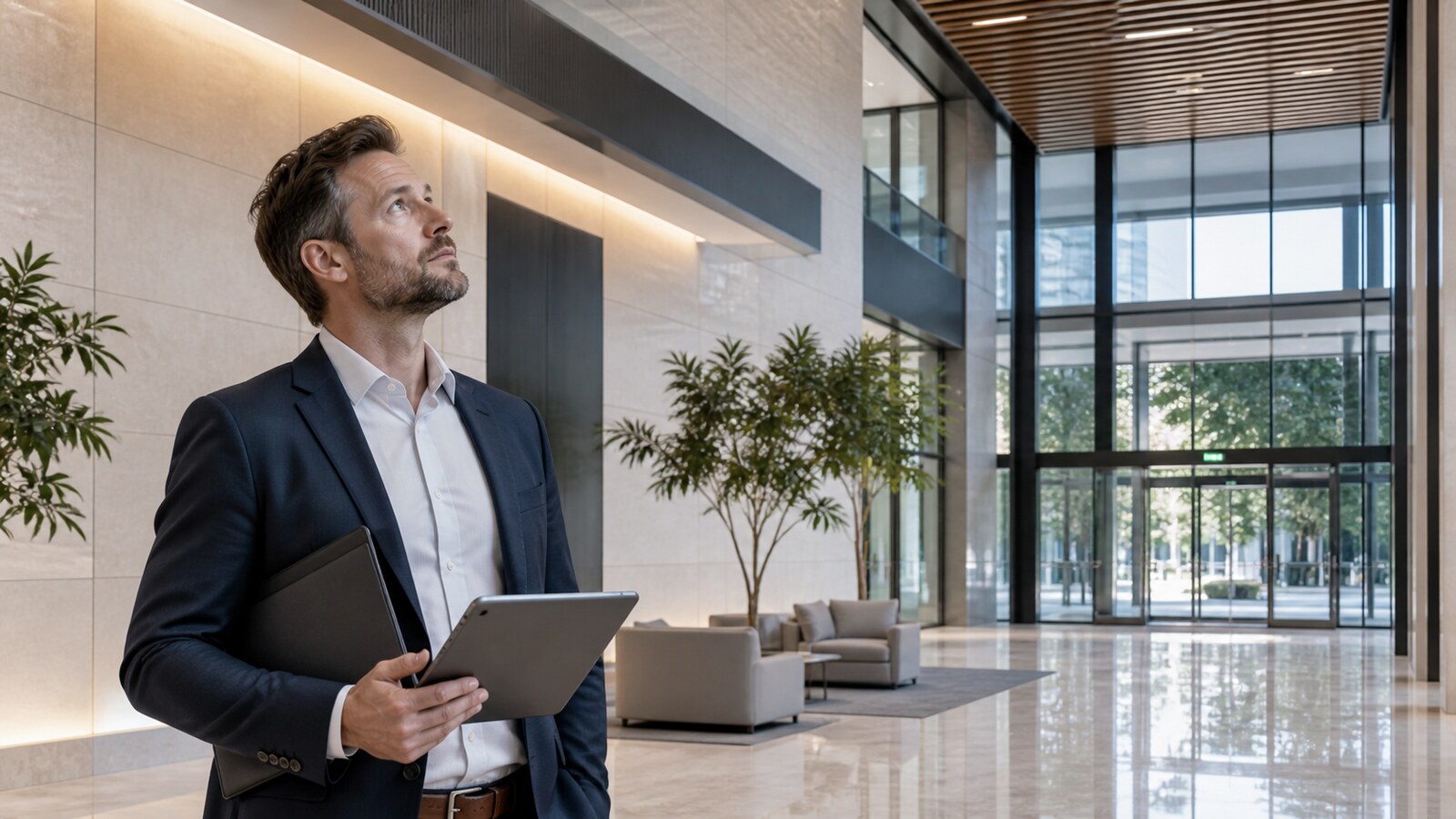 Representative modern commercial building review setting.